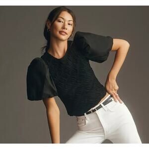 Anthropologie Women's Small Black English Factory Blouse Puffed Sleeve Smocked